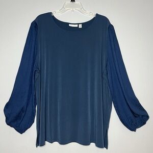 Susan Graver Liquid Knit Blouse Womens 2X Blue Puff‎ Balloon Sleeve Stretch